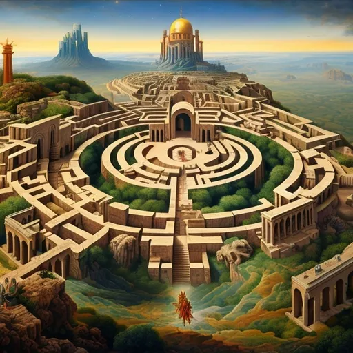 Prompt:  Panopticon maze Server: Gods arrive on earth, celestial procession, scared locals, landscape, vibrant colors, majestic, beautiful, Maximalist oil on canvas painting, 3D trending on Art-station Cry Engine,