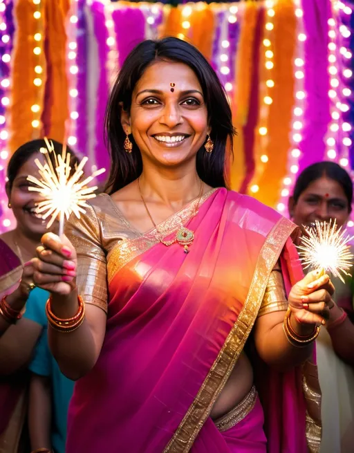 Prompt: The image shows a Indian women, 45 years old in a traditional Indian outfit, wearing a pink and orange saree with gold embroidery and a matching blouse. She is holding a sparkler in her right hand and is smiling widely. The background is filled with colorful lights, creating a festive atmosphere. The woman appears to be celebrating Diwali, a Hindu festival celebrated in India.