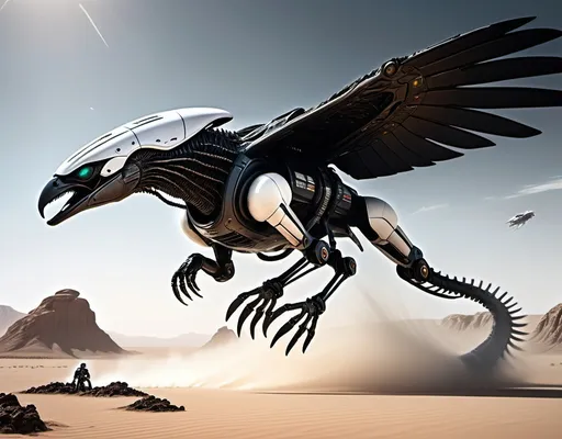 Prompt: a intergalactic Eagle shape spacecraft with razor-sharp monstrous beak, set against a day lit, eerie, detailed tinted glass windows, metallic black-white shell, many lights, line air landing inside a realistic detailed ground military base in the middle of the desert, a female riding on Flyboard (a hydroflighting device) Xenomorph through on a desert, motion speedy, captured in photorealistic detail with a gritty, analogue film grain, as if torn from the pages of a macabre fairy tale,