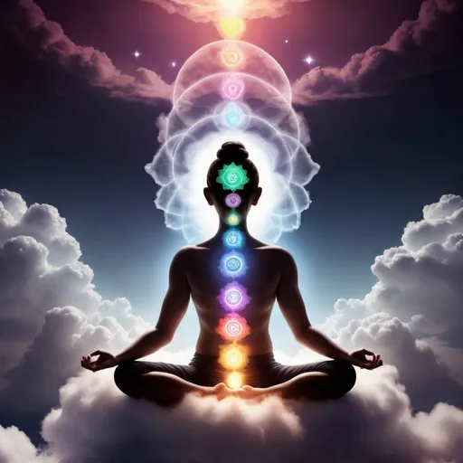 Prompt: A person sitting on cloud in yoga position, the chakras should be aligned vertically, starting from the root chakra at the base and ending with the crown chakra at the top of the head. Add elements that suggest clarity and understanding, such as light bulbs, clear paths, to convey the idea of demystifying or revealing hidden knowledge.