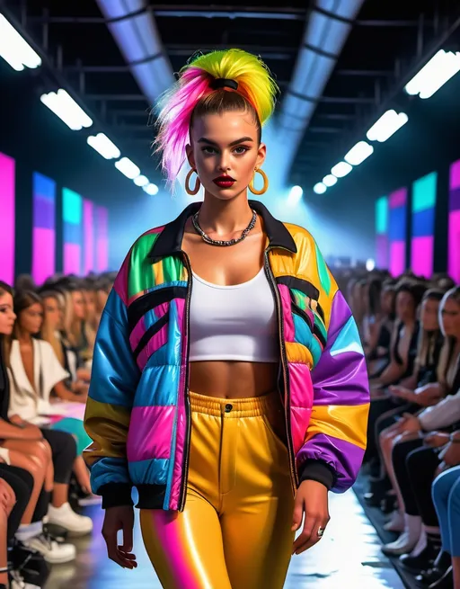 Prompt: (accurately spelled text "OpenArt") in the back of the runway, athletic and 90s fashion show, vibrant colors, dynamic lighting, high energy atmosphere, nostalgic, 90s-themed outfits, retro patterns, flashy accessories, runway with colorful lights, enthusiastic audience, iconic 90s hairstyles, photorealistic, HD, ultra-detailed, high-fashion,