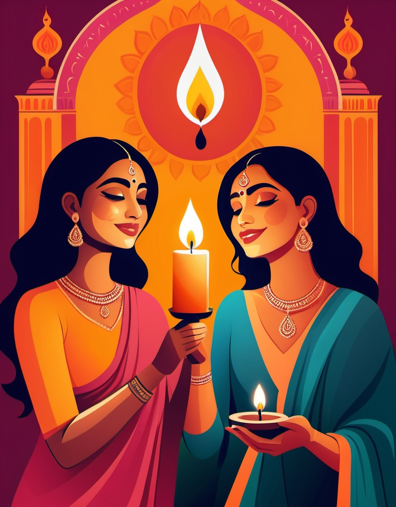 Prompt: A poster of a woman holding a lit candle with a other woman sitting next to her, Vector abstract illustration of India, Happy Diwali festivals, highlight, promotional poster, art on walls, promo poster, wrap, promotional poster art,