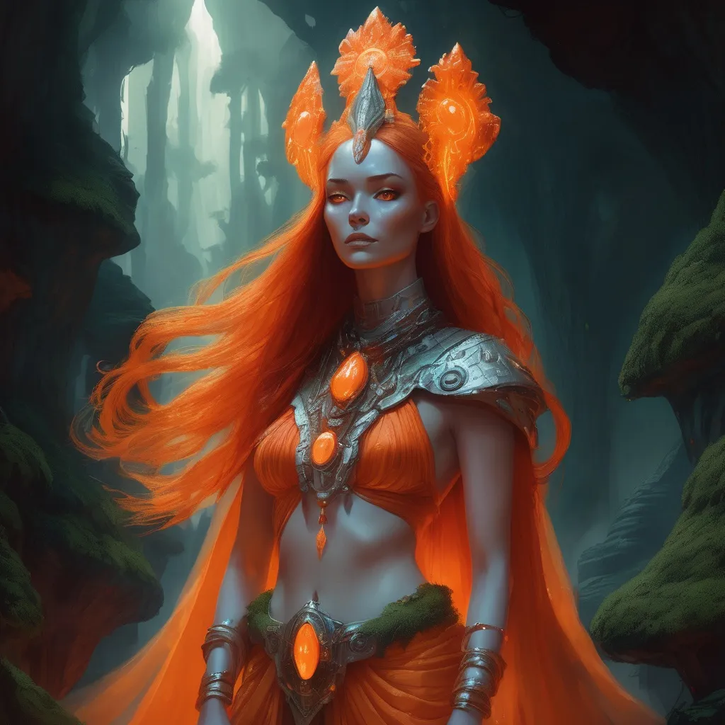 Prompt: orange mushroom queen, cyberpunk dramatic light, orange glow, flowing robes, sparkling orange jewellery, perfect milky white skin, epic long hair, fluorescent orange, redhead, concept art by jesper ejsing, mushroom crown, orange fiery tulle fabric, detailed matte fantasy painting, overgrown with moss, cave, Aztec fantasy, land of oz, soft mayan queen