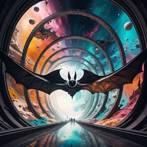 Prompt: A breathtaking view of a futuristic space colony, designed as a massive bat structure floating in the cosmos. traveling through a tunnel of swirling colors and distorted time. Surreal art, motion blur, Salvador Dali