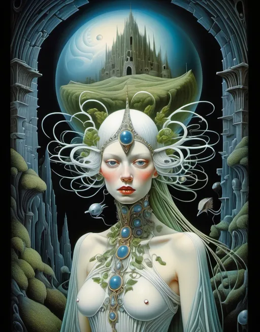 Prompt: Kay Nielsen, Basil Gogos, Alberto Savinio, James Gurney, Surrealism, a Women's face with digital images, in the style of surreal 3d wallpaper for mobile screen gazed into the darkness, waiting for someone to likes, vivid colors, highly detailed figures, fantastical ruins, organic nature-inspired forms, intricate costumes, harmonious chaos, pretty oil painting in the style of Leonor Fini