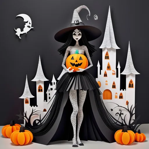 Prompt: Artwork, a Halloween witch wearing a pumpkin dress that is connected to colorful strands, tall black and white netted design, 3D, paper sculptures, multi-layered, castle in background