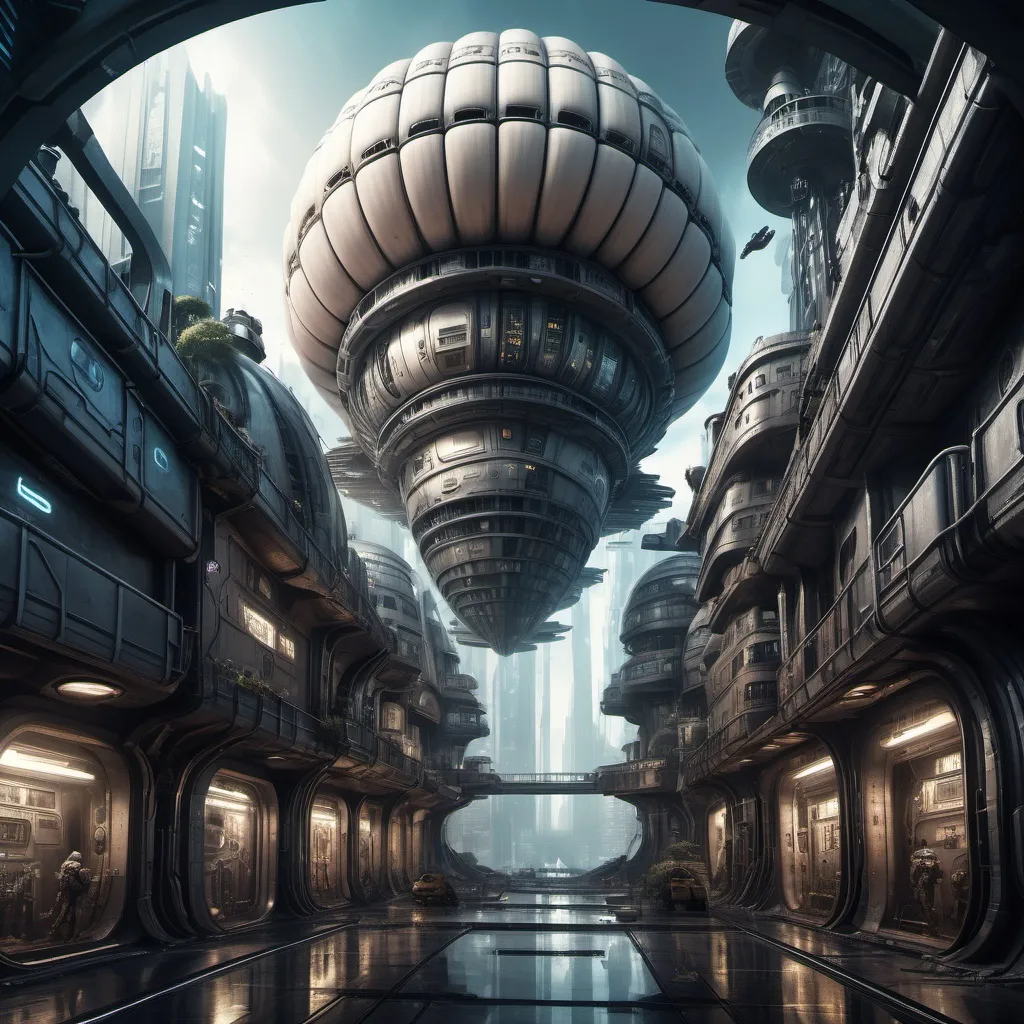 Prompt: fantasy, Sci-fi, futuristic city inside a shell, orbital elevator, trivialization of the environment, H. R. Geiger style, Cyberpunk, Steampunk, Mix-punk, High definition, Photo realistic, specified, Space Art