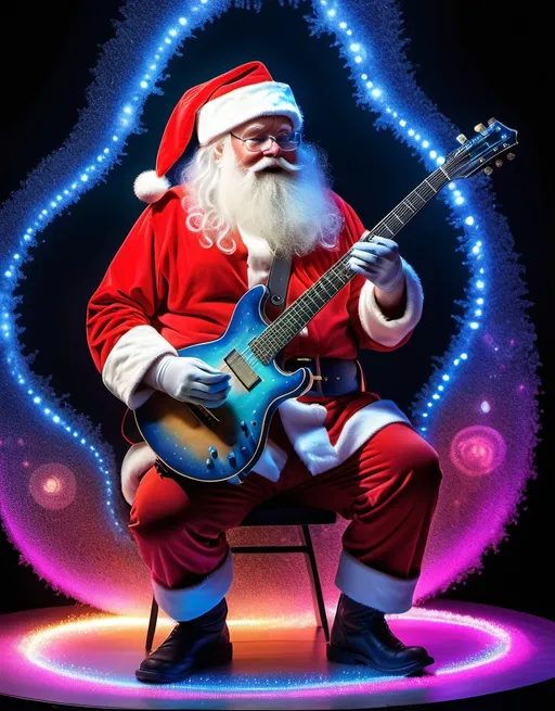 Prompt: Santa Claus with (Christmas hat)an enormous guitar, performing on a stage with deeply immersed in scientific contemplation, his face illuminated by the enigmatic glow of neon lights. Surround his with intricate dust structures that seem to dance and swirl in a mysterious pattern, embodying the complexity of integral parameters within a dust cloud. The scene is further intensified by the presence of a reverse radial electric field, visible as a unique, almost magical distortion in the air around her, highlighting the high concentration of dust particles. The overall ambiance is one of awe and discovery, capturing the profound influence of these phenomena in neon glow discharges, with a focus on the interplay of light, shadow, and the vibrant colors of neon