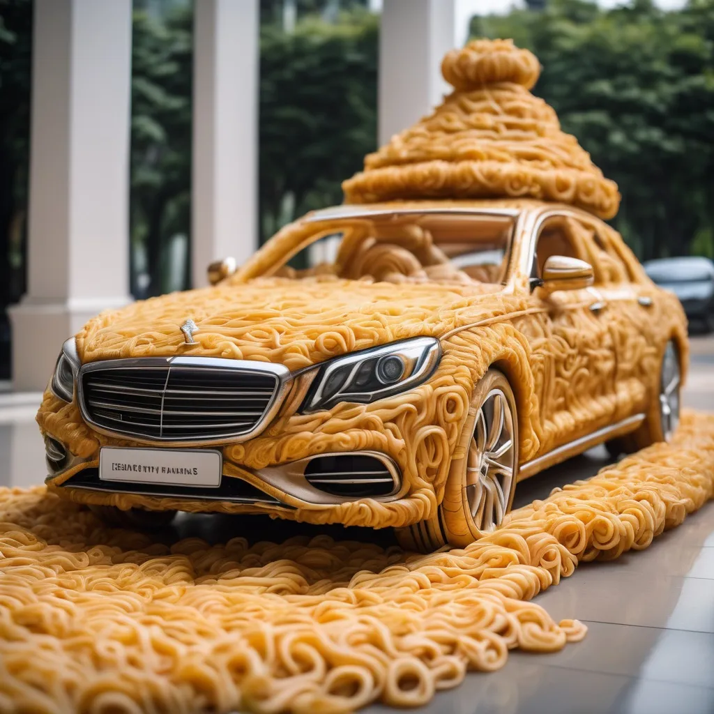 Prompt: Panning Effect Photography, full of Luxury Car made of Noodle, Giant sculpture, Noodle mane, anthropomorphic Luxury Car, highly detailed sculpture, very very surreal, award winning sculpture, great likeness,made of food, Masterpiece!