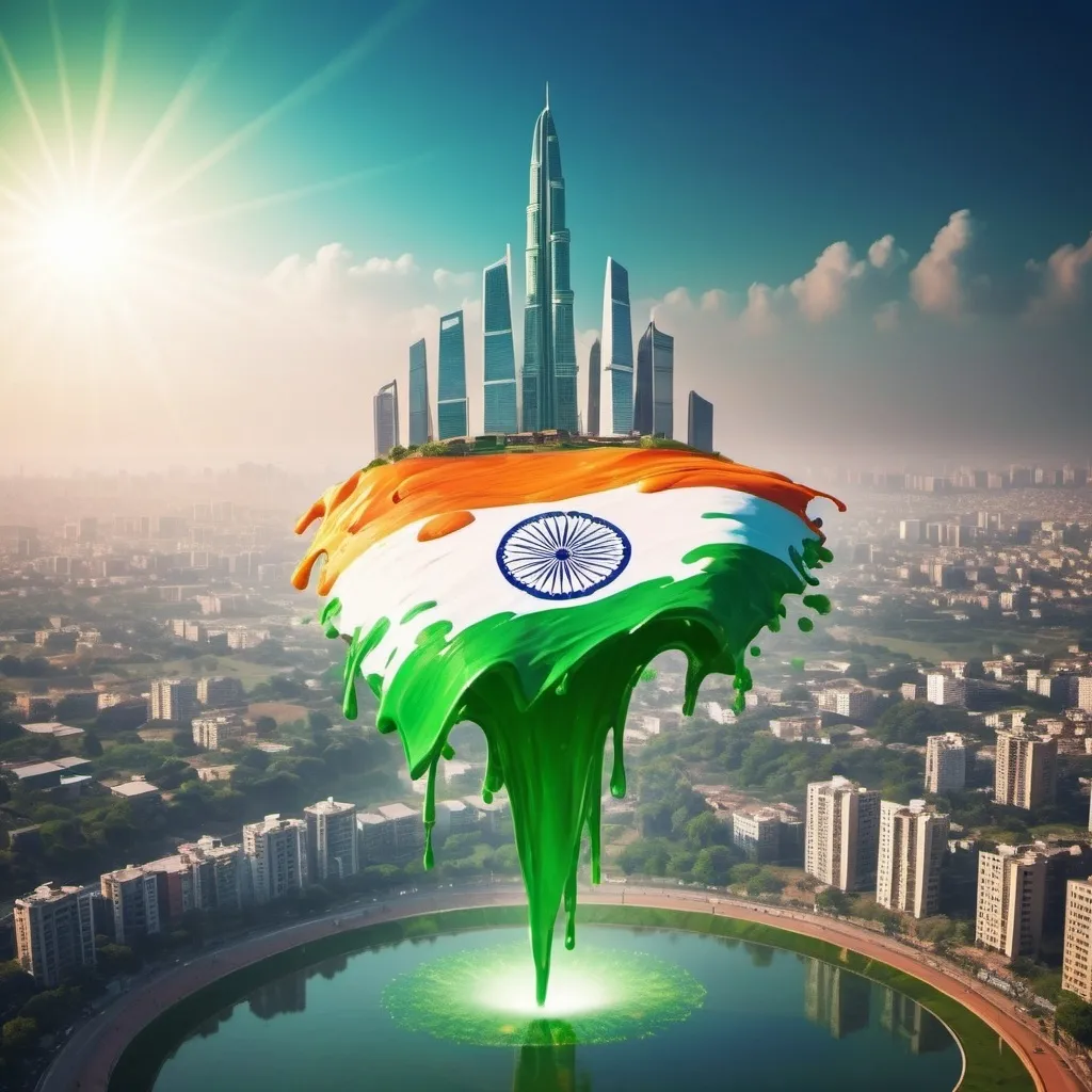 Prompt: melting Indian tricolor flag hovering over an cityscape bathed in kaleidoscopic lighting. intertwines across a landscape of eco-friendly technologies, Green fibers, towers with solar panels dotting the horizon, leading into a vortex of swirling shadows. Indian flag in background