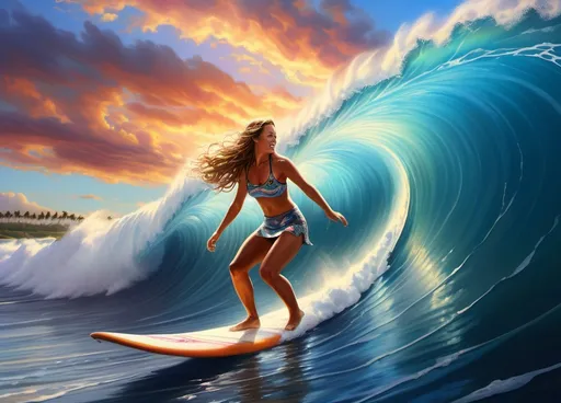 Prompt: Realistic depiction of a miniskirt beautiful girl surfer riding a massive wave in Hawaii, where the waves are formed from flowing musical staves and notes, close-up view, each Whispering Waves transparent and radiating with colors. realism, close-up view, massive wave, surfer, vibrant colors, brilliant sky, detailed realism, ocean waves, Hawaiian scenery, professional, colorful surf, dynamic lighting