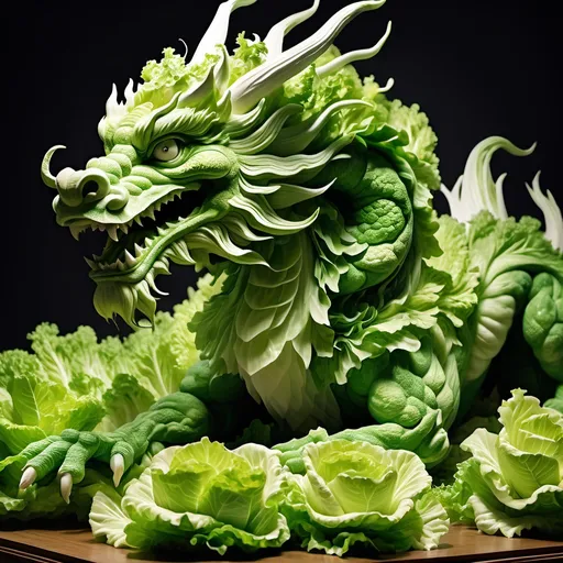 Prompt: Panning Effect Photography, full body of Chinese dragon made of lettuce, Foam, Giant sculpture, Foams mane, anthropomorphic dragon, highly detailed sculpture, very very surreal,  award winning sculpture, great likeness, Masterpiece!!, made of Foam, Masterpiece!