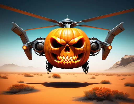 Prompt: A futuristic cyberpunk style in 2480, Halloween pumpkin in Helicopter shape, as Skull shape face, with advanced high tech, upside down, complex and detailed lighting effects, floating in mid air over a barren desert, focus on motion and speed. Art style: photo-realistic with a vibrant, high-energy mood. Lighting: bright and fast-paced, highlighting the action. Color palette: vibrant red, green, and yellow. Composition: dynamic, highlighting the movement and the final dish