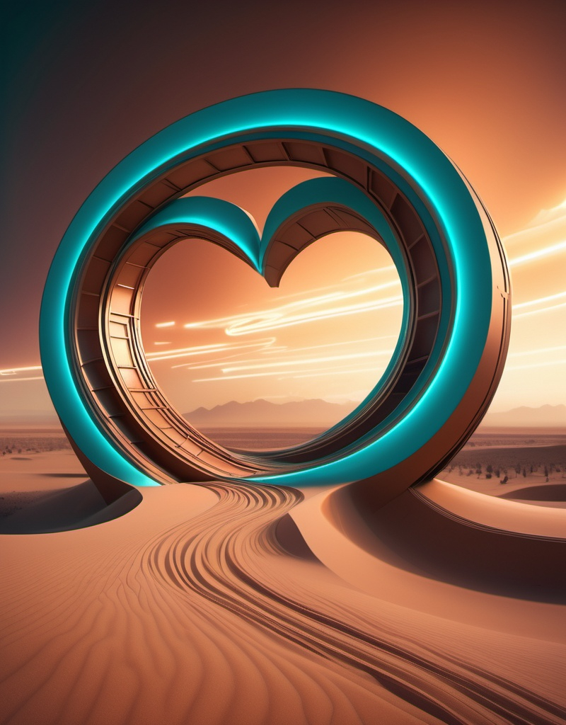 Prompt: A Solar Flare Sci-Fi Spectacle representation of a heart shape road's immense scale within Möbius Strip Realities, layered with Quantum Probability Waves and manifested via sand cyclone in a futuristic setting. Employ a neon color scheme of bronze and teal accentuated by Lens Flare elements to create a dramatic, otherworldly visual experience