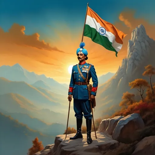 Prompt: Describe a scene inspired by the surrealist paintings of Salvador Dalí, Indian soldier of the republic of India has the flag of Indian on his shoulder, the flag of Indian a soldiers taken on a mountain, sunset, background forest and mountain photo very realist, bright, beautiful, splash, Glittering, cute and adorable, blue dark lighting, extremely, fantasy, digital art, professional ominous concept art, an intricate, elegant, highly detailed digital painting, 