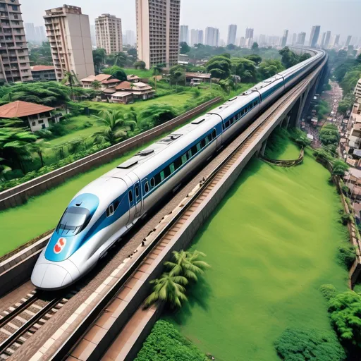 Prompt: A Bullet train chugs along the scenic railway track, nestled among lush green grass and indian city building with tiled roofs. near a sky-scrapper at mumbai city