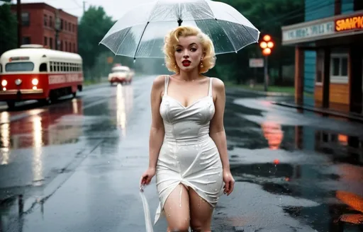 Prompt: Water accumulates on the asphalt road after heavy rain. Water splashing as a car wheel on water accumulated on an asphalt road. a confident and curvy Marilyn Monroe in a white wet dress. standing in the rain with an umbrella waiting for the streetcar to open it's doors, in the style of snailpunk stonercore, multi-layered