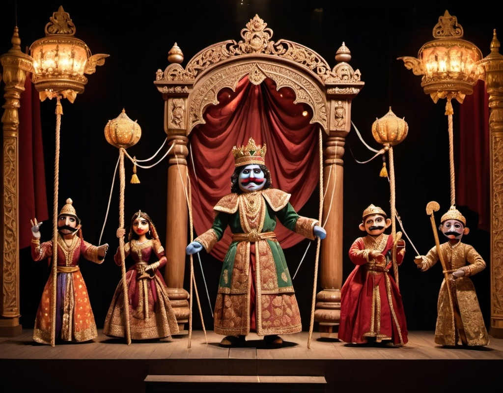 Prompt: Indian traditional puppet stage show, King made form Fabric with sword Setting on the wooden horse, glowing rich and earthy tones, wearing a embroidered robe with ornate patterns and flowing fabric puppet, standing in an elegant theater adorned, holding strings that control an puppets of king and horse imposing puppet with intricate wooden craftsmanship. Surrounding his are floating stage props, wooden craftsmanship tools, and ornate frames displaying scenes from puppet animation, as the various puppets come to life under his masterful control