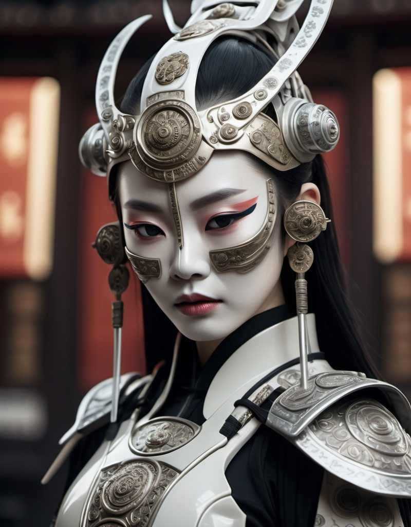 Prompt: A cinematic still of an ancient Chinese female cyborg with pale skin and cybernetic panels, wearing an ornate helmet and mask, holding Katana. Her face has intricate silver makeup. She wears flowing robes