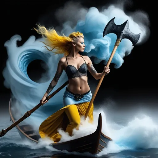 Prompt: Photographic realistic 16k  ultra detailed,sketch of Anthropomorphism as mermaids Valkiria Norse viking woman sailing on a ship holding battleaxe, set in a surreal, smoky environment, blue and yellow in white smoke spiral in a black reflective waters, light blue lace satin silky flowing smoke wild windy water tourbillion, alberto seveso, splash art, ink cloud, dynamic dancing pose, dramatic lighting, cgsociety, intricate, epic, artstation, cinematic, photo with canon eos 5d mark iv, cinematic, realistic, black background, photo fusion,