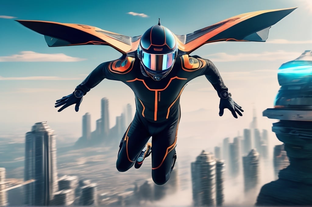 Prompt: Dynamic scene featuring a high-speed race on a Sibling in a Wing-suit diving a huge cliff, floating in the sky captured in motion blur, surrounded by hovering platforms and sci-fi cities below, showcasing the innovation of anti-gravity racing. The poster features futuristic colors and detailed textures to convey innovation and adrenaline