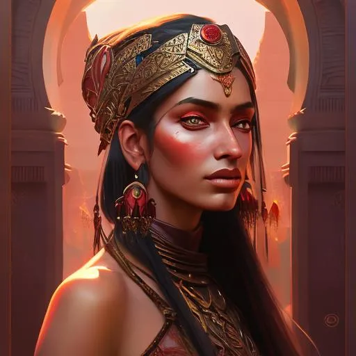 Prompt: painting of a beautiful woman, in the style of realistic fantasy artwork, orientalism, crimson and bronze, ravencore, indian pop culture, women artists, paleocore --ar 1:2 --stylize 750 --v 6