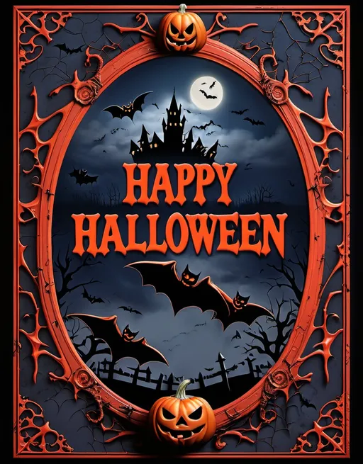 Prompt: In Halloween-Themed Border With Grotesque, in center red horror text "Happy Halloween - 2024". The textures are ultra-realistic, with details so fine that the viewer can Almost Feel The Rot, The Decay, and The Blood. The Center Remains night sky To Empasize The Terror, While The Border Features Goresome Details bats, ghost, and witch hand with Blood, All Rendered in Hyper-Realistic 8K Quality. The Outline of Each Element is Sharply Defined, Making Each Grotesque Feature Stand Out with disturbing Clarity. Style: Hyper-Realistic, Gore-Filled, Digital Art With An 8K Ultra-Detailed Finish, Extreme Textures, and Sharp Outlines, Creating A Heavy, Terrifying, and Morbid atmosphere.