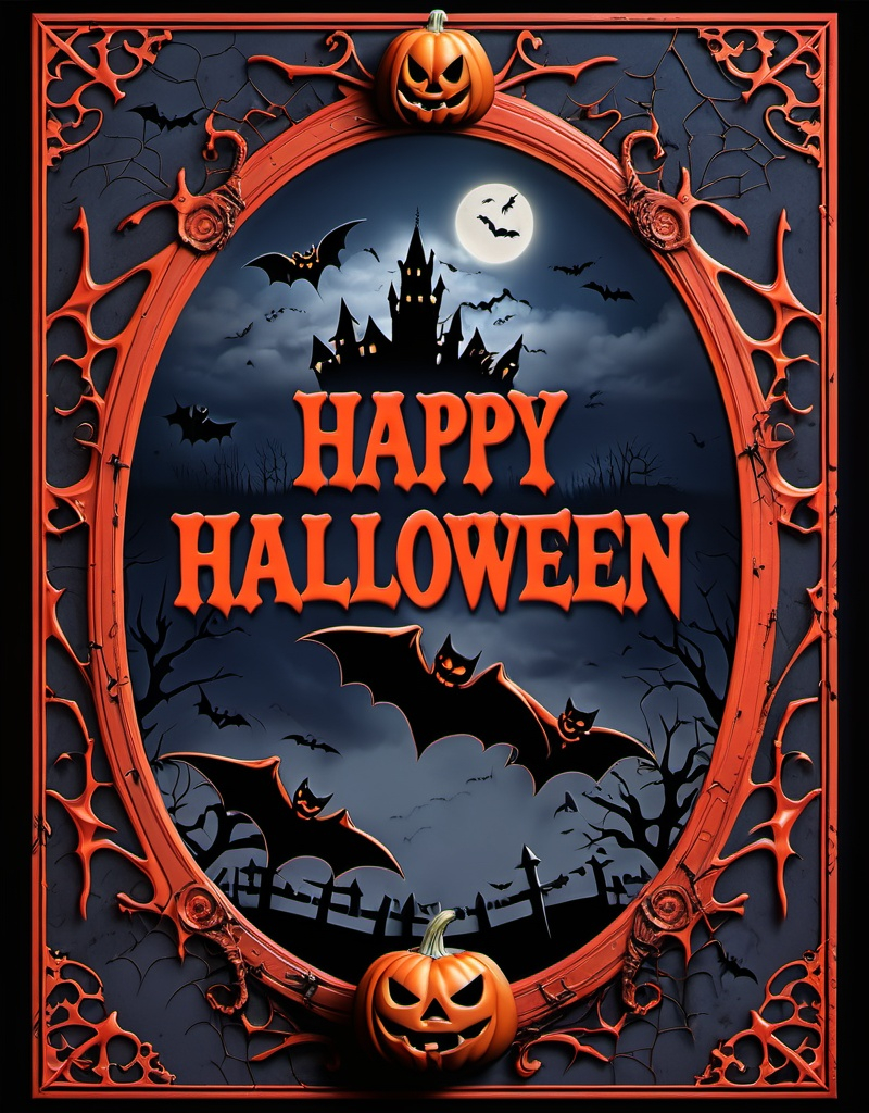 Prompt: In Halloween-Themed Border With Grotesque, in center red horror text "Happy Halloween - 2024". The textures are ultra-realistic, with details so fine that the viewer can Almost Feel The Rot, The Decay, and The Blood. The Center Remains night sky To Empasize The Terror, While The Border Features Goresome Details bats, ghost, and witch hand with Blood, All Rendered in Hyper-Realistic 8K Quality. The Outline of Each Element is Sharply Defined, Making Each Grotesque Feature Stand Out with disturbing Clarity. Style: Hyper-Realistic, Gore-Filled, Digital Art With An 8K Ultra-Detailed Finish, Extreme Textures, and Sharp Outlines, Creating A Heavy, Terrifying, and Morbid atmosphere.