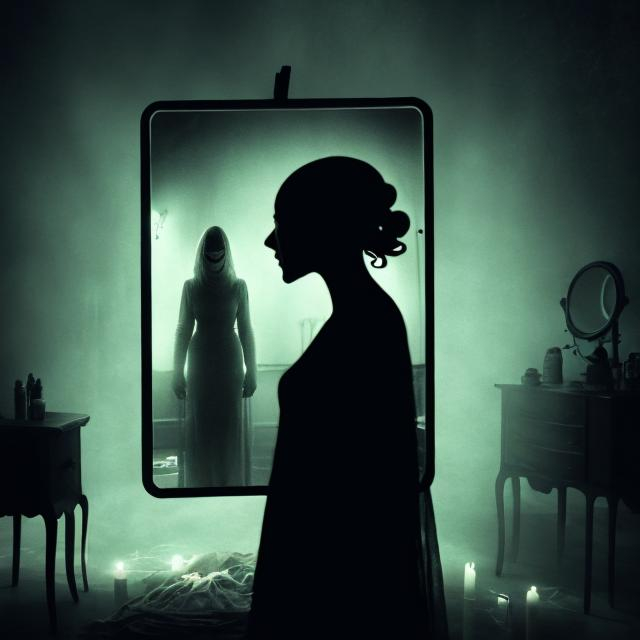 Prompt: A conceptual image depicting anxiety as a ghostly figure looming over a worried young woman alone in a dimly lit room. Weird old Cthulhu lady looking in a mirror,Mysterious Figure language conveys tension and unease in mirror. Rendered in a moody,