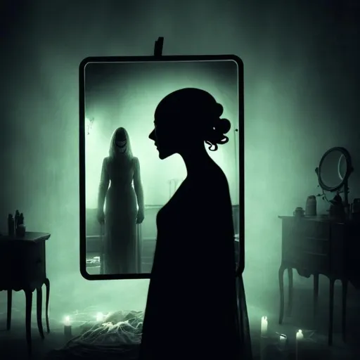 Prompt: A conceptual image depicting anxiety as a ghostly figure looming over a worried young woman alone in a dimly lit room. Weird old Cthulhu lady looking in a mirror,Mysterious Figure language conveys tension and unease in mirror. Rendered in a moody,