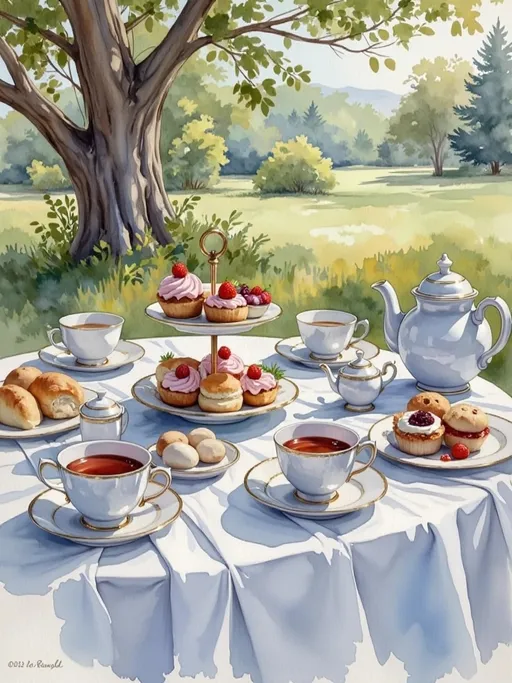Prompt: A serene afternoon tea scene beneath the dappled shade of a sprawling tree. Sunlight filters through the leaves, casting soft, shifting shadows across a crisp white tablecloth. The table is adorned with vintage china—teacups filled with earl grey tea, a two tiered cake stand with french fancies, one small bowl of strawberries and an assortment of dainty sandwiches, golden scones with jam and clotted cream, one dish of strawberries, and gleaming jam tarts. The atmosphere is warm and inviting, evoking a nostalgic English countryside tradition. Rendered in an informal, loosely painted watercolor sketch with expressive brushstrokes, allowing areas of white paper to remain, enhancing the airy and spontaneous quality of the scene.