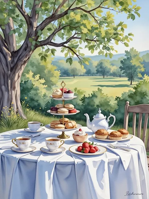 Prompt: A serene afternoon tea scene beneath the dappled shade of a sprawling tree. Sunlight filters through the leaves, casting soft, shifting shadows across a crisp white tablecloth. The table is adorned with vintage china—teacups filled with earl grey tea, a two tiered cake stand with french fancies, one small bowl of strawberries and an assortment of dainty sandwiches, golden scones with jam and clotted cream, one dish of strawberries, and gleaming jam tarts. The atmosphere is warm and inviting, evoking a nostalgic English countryside tradition. Rendered in an informal, loosely painted watercolor sketch with expressive brushstrokes, allowing areas of white paper to remain, enhancing the airy and spontaneous quality of the scene.
