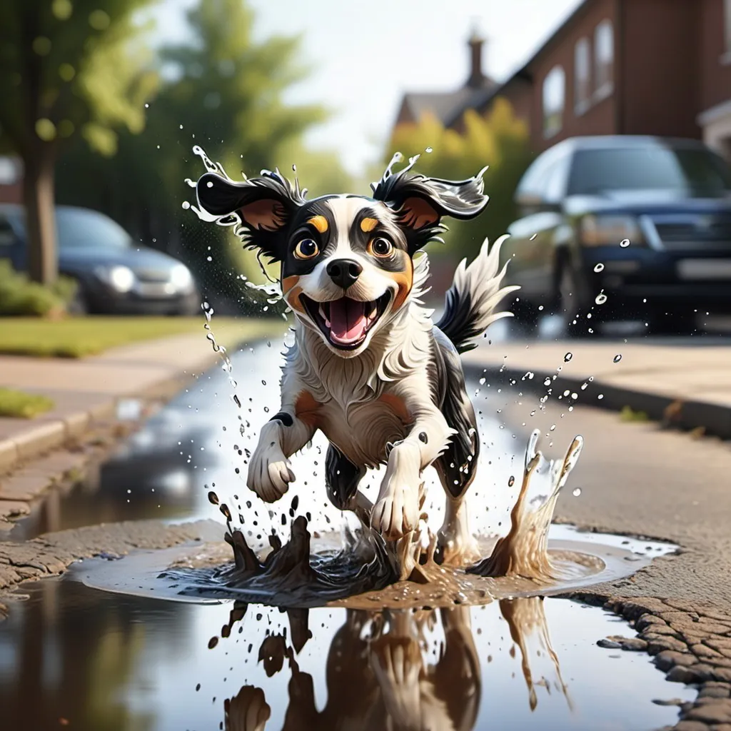 Prompt: cartoon dog shaking off in puddle