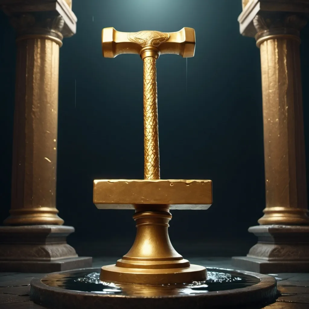 Prompt: A golden hammer floating on a pedestal, fantasy setting