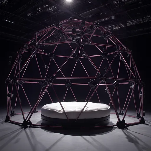 Prompt: Geodesic dome frame interior, large film studio setting, 16 cameras strategically mounted on dome, all directed toward a central focal point. In the middle, a small white round padded platform, several feet in height, elegantly covered in pristine white leather. Bright studio lights illuminate the scene, resulting in an ultra-detailed, cinematic ambiance. High resolution, clear and vibrant.