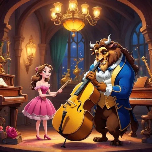 Prompt: Musical instruments as human-like cartoon characters, similar to Beauty and the Beast, vibrant colors, magical setting, detailed facial expressions, whimsical, fantasy, animated, musical instruments, anthropomorphic, enchanting lighting, high quality, vivid colors, fantasy style, cartoon characters, magical atmosphere