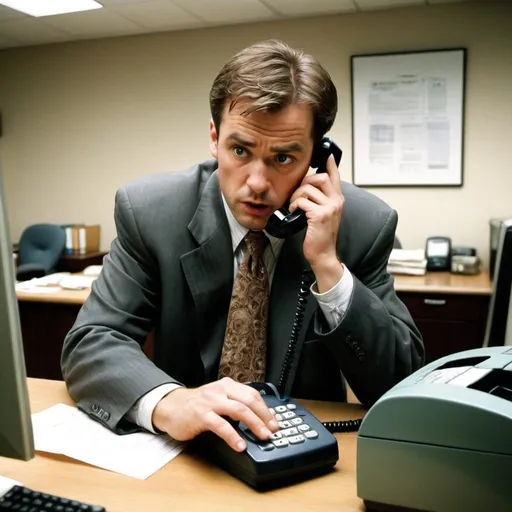 Prompt: Busy office scene from the early 2000s, man attempting to use a disconnected landline, focused on puzzled expression, office setting, vintage technology, detailed facial expression, realistic, office, vintage, early 2000s, puzzled man, disconnected landline, vintage phone, busy atmosphere, professional attire, detailed expressions, realistic lighting, office equipment, specific moment