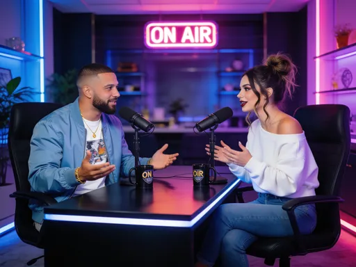 Prompt: can you make a video with this prompt: Hyper-realistic Haitian diaspora podcast scene featuring a stylish man and woman engaged in a deep conversation inside a luxury modern podcast studio. The male host wears a light blue bomber jacket over a white graphic T-shirt with subtle gold jewelry and has a neatly groomed beard and short fade haircut. The female host wears a chic white off-the-shoulder sweatshirt, blue jeans, elegant makeup, and her hair styled in a high messy bun with face-framing strands. Both are seated in premium black studio chairs behind a sleek black podcast desk with professional broadcast microphones mounted on stands and branded podcast mugs.

The background showcases a high-end creator studio with cinematic purple, blue, and pink LED accent lighting, a glowing "ON AIR" sign, blurred shelves and décor, indoor plants, and a polished social-media-ready aesthetic. The hosts are making eye contact while having a natural, animated discussion, with expressive hand gestures and warm facial express