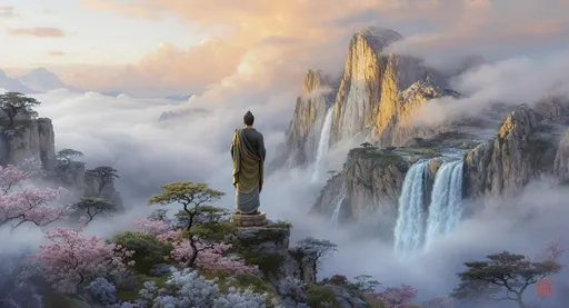 Prompt: vẽ bức tranh kích thước 1920 x1080 phong cách fantasy digital painting về hình ảnh đức phật đứng trên ngọn núi mây phủ quanh xa, phong cảnh thiên nhiên chung quan thật đẹp và thác nước