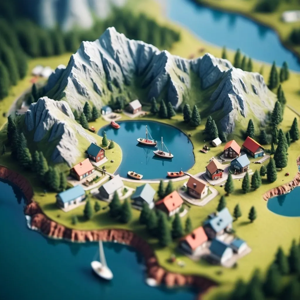 Prompt: aerial view, tilt-shift, isometric miniature world, detailed landscape world render with tiny houses and boats, mountains with lakes