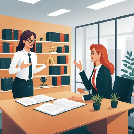 Prompt: Create an illustration showing a manager speaking to an employee. The manager is in an office, a glass office with a great desk and has a beautiful bookshelf behind her with some books but also numerous trophies that the company has won over the year. Both the employee and the manager are happy discussing the topic. 