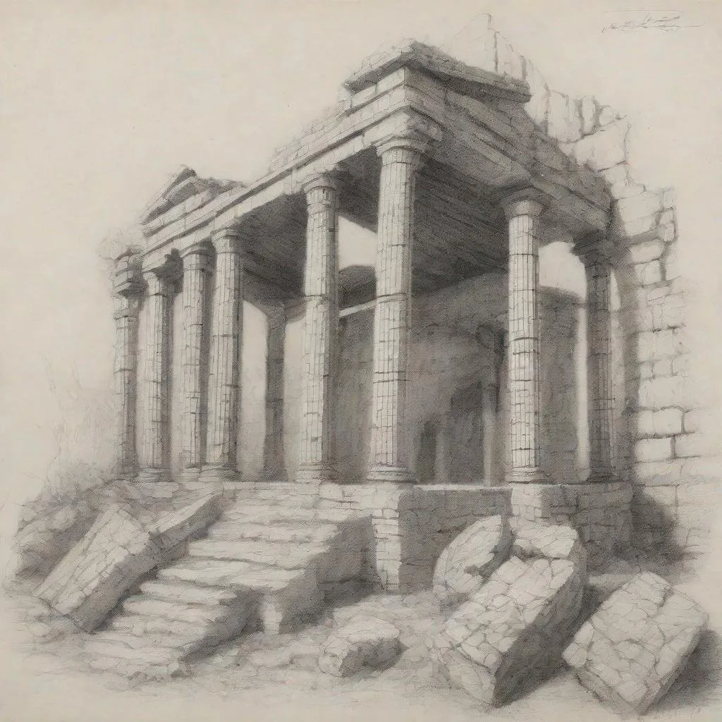 Prompt: <mymodel> pencil-sketch of a ruin of a Roman temple