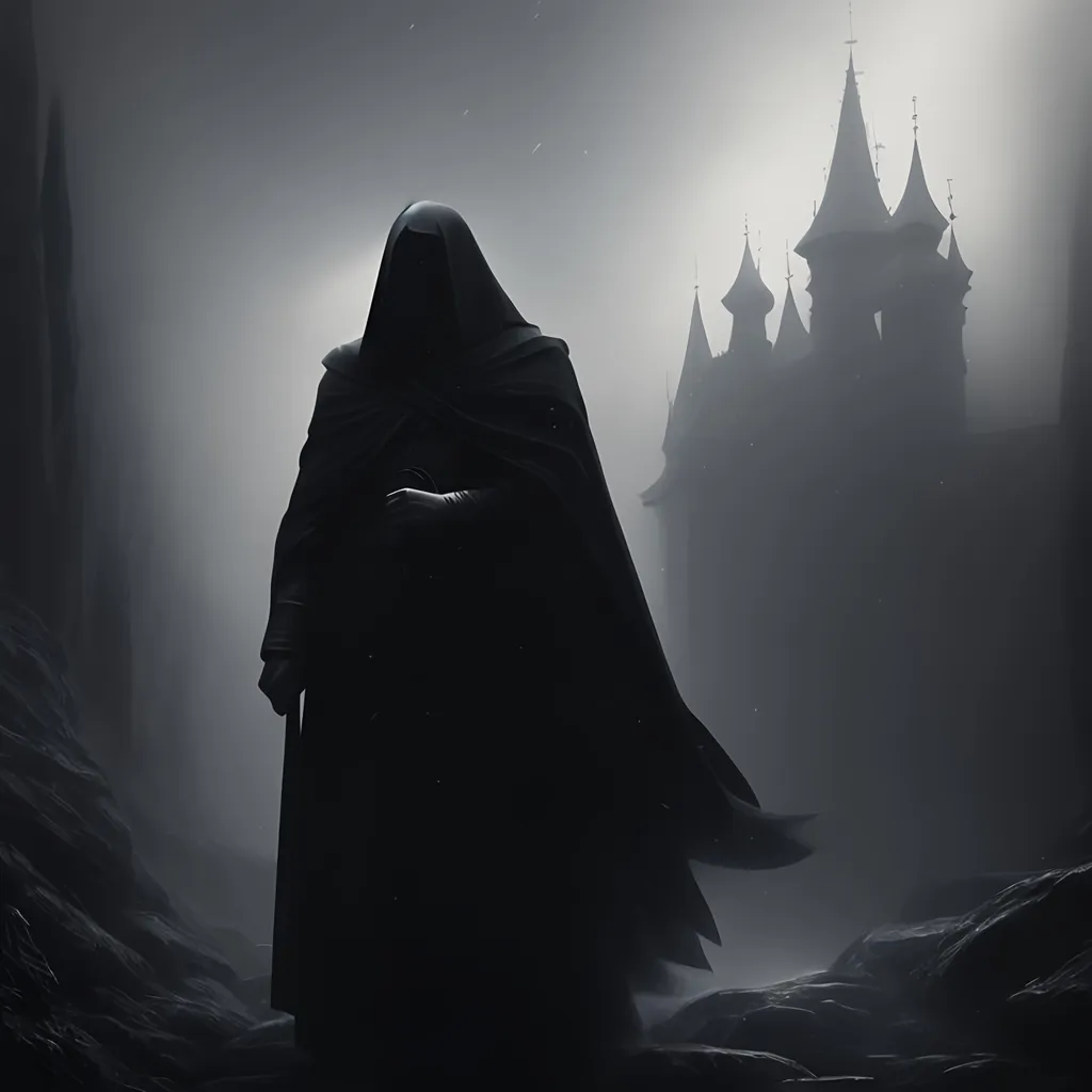 Prompt: #Vasa# character {{illustration masterpiece, epic painting} an old mysterious man cloaked in black, background is fog and shadows at night,

intricate, elegant, smooth, sharp focus, illustration, 4k, illustration