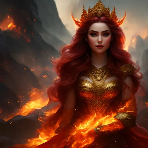 Prompt: #Vasa# character, {{ultra definition, concept art, cinematic, epic 4K masterpiece}
a goddess of fire, fiery hair, fiery eyes, surrounded by fire, tall and evil,
{clothes] red fiery dress,
mythology,
highly detailed, digital painting, artstation, concept art, smooth, sharp focus, illustration, 4k,