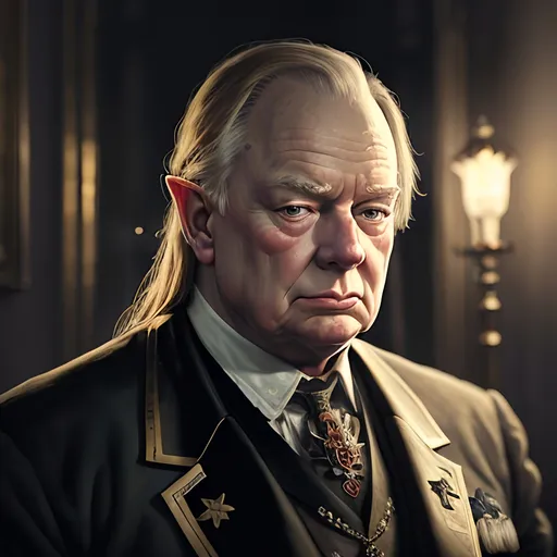 Prompt: Vasa# character, 
winston churchill as an elf, 
illustration masterpiece, epic painting, intricate, elegant, smooth, sharp focus, 4k, illustration, background details, high-res, detailed, professional, atmospheric lighting