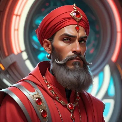 Prompt: a bearded Imam in a futuristic sci-fi setting, he is wearing royal red clothes and jewels,
sci-fi, highly detailed, digital painting, artstation, concept art, smooth, sharp focus, illustration, art by artgerm and greg rutkowski and alphonse mucha
