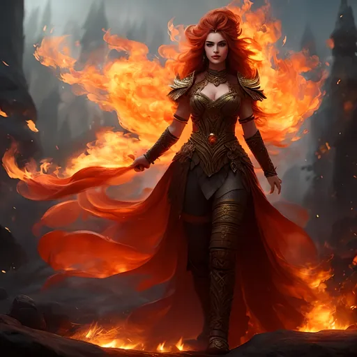 Prompt: #Vasa# character, {{ultra definition, concept art, cinematic, epic 4K masterpiece}
a goddess of fire, fiery hair, fieryb eyes, surrounded by fire, tall and evil,
{clothes] red fiery dress,
mythology,
highly detailed, digital painting, artstation, concept art, smooth, sharp focus, illustration, 4k,