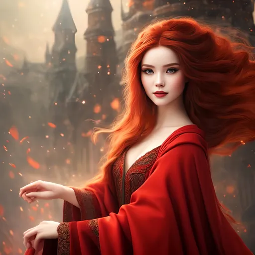 Prompt: #Vasa# character {{illustration masterpiece, epic painting} a sorceress with long red hair, she's wearing a red cloak and mage robes, beautiful neck, 
intricate, elegant, smooth, sharp focus, illustration, 4k