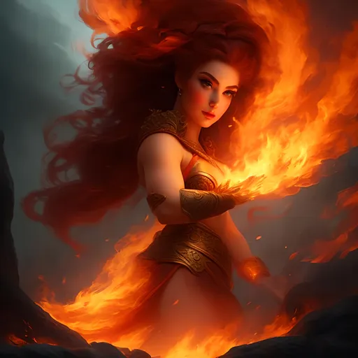 Prompt: #Vasa# character, {{ultra definition, concept art, cinematic, epic 4K masterpiece}
a goddess of fire, fiery hair, fieryb eyes, surrounded by fire, mythology, mythic,
highly detailed, digital painting, artstation, concept art, smooth, sharp focus, illustration, 4k,
