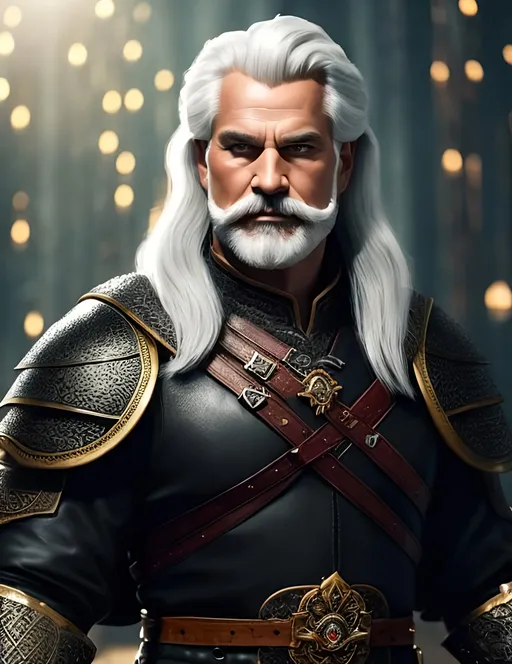 Prompt: #Vasa# character {{illustration masterpiece, epic painting} an older athletic man with white hair and a small beard, red eyes and wearing leather armor and a black cloak,
intricate, elegant, smooth, sharp focus, illustration, 4k, illustration